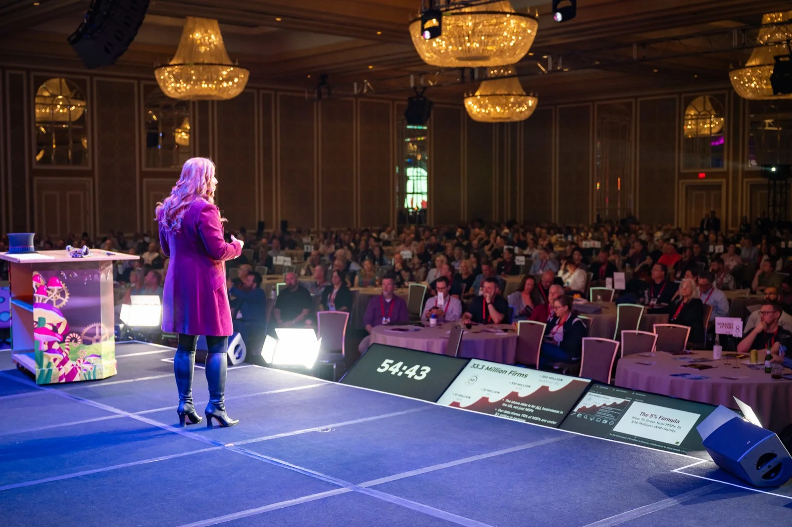 Robin Robins on stage in front of a full ballroom of MSP owners
